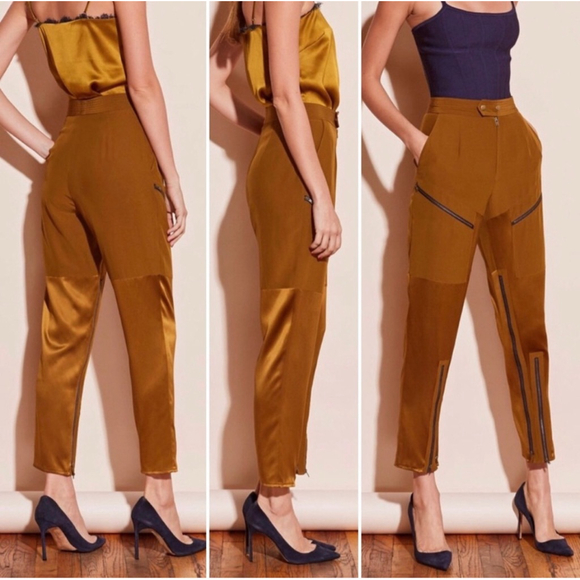 Fleur Du Mal Pants - Fleur Du Mal Brown Yellow Zipper Split Hem Pants Cargo 8 EUC LKNEW Silk $545